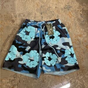 Camo Blue Denim Tear Shorts - Medium